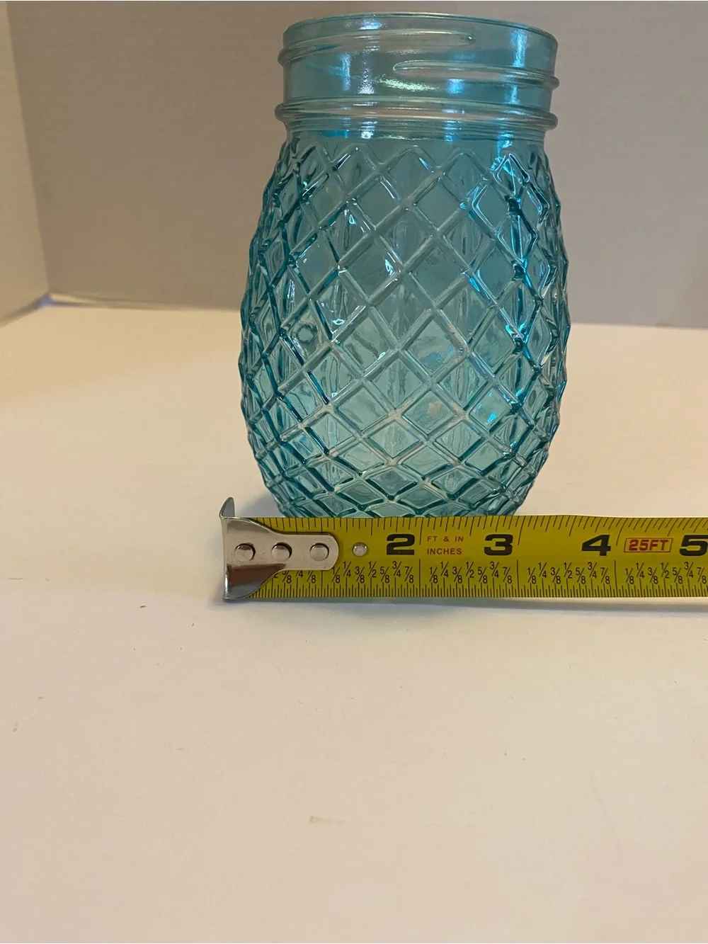 Vintage Style Blue Glass Flower  Jar with Grid Like A Pineapple No Lid